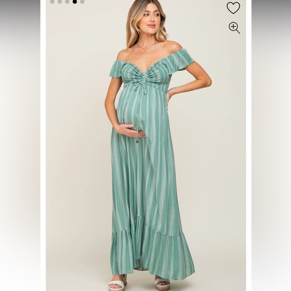 Green Stripped Off Shoulder Front Tie Maternity Dress! 🤍 - Picture 3 of 6